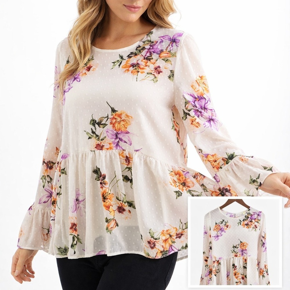 Mimi & Daphne Peplum Blouse‎ Sheer Chiffon Bell Sleeve Boho Floral S